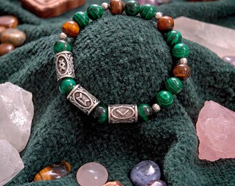 Runen-Heilarmband, Amulett für Gesundheit und Energie, Unterstützung der Genesung, Malachit-Tigerauge, Naturstein, spiritueller Schmuck, handgefertigt, Futhark-Runen