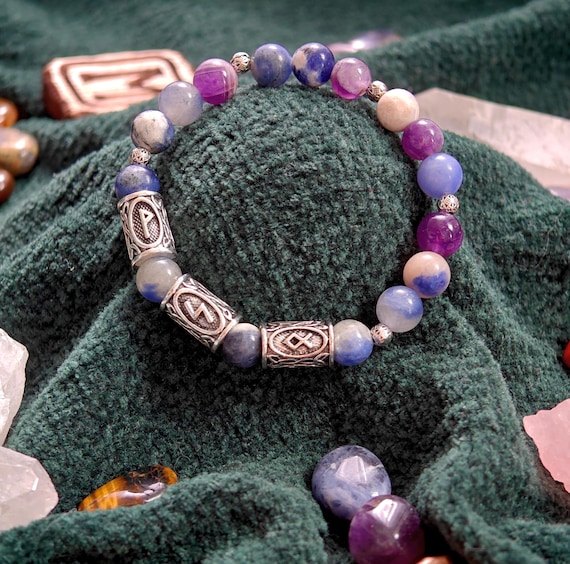 Goal Achievement Bracelet, Intention Setting, Sodalite Amethyst ,Natural Stone, Manifestation Amulet, Handmade, Futhark Runes
