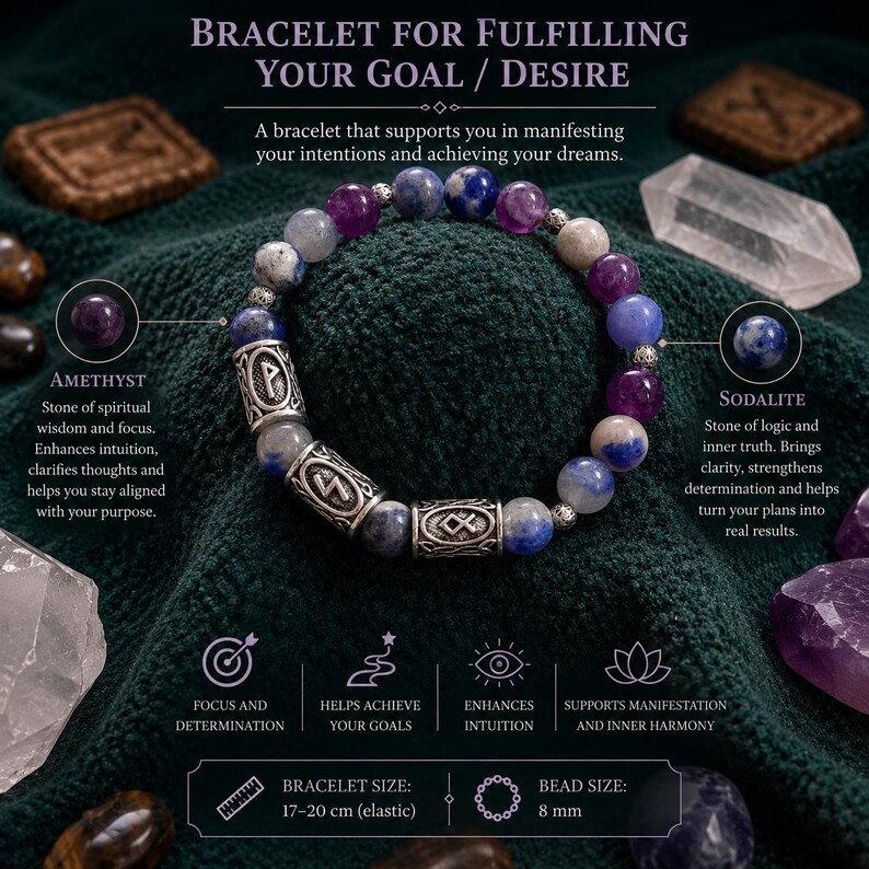Goal Achievement Bracelet, Intention Setting, Sodalite Amethyst ,Natural Stone, Manifestation Amulet, Handmade, Futhark Runes image 2