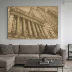 ヴィンテージニューヨーク証券取引所ウォールアート - レトロなニューヨーク建築キャンバスプリント、ウォールストリートファイナンス投資家トレーダー装飾、NYSEギフト