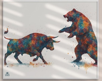 Investor And Trader Gift Poster - Bull and Bear Market Painting, Office Wall Art, Finance Decor, Stock Market Artwork, Investment Gift