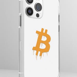 May include: Clear phone case with a white background and an orange Bitcoin symbol. The Bitcoin symbol has a dripping paint effect. The phone case has a clear, protective bumper around the edges.