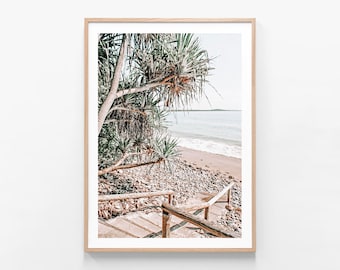 Australian Poster & Framed Print | Noosa Steps | Palms | Tropical | Rocky Coast | Summer Beach | Pandanus Beach Entrance | Coastal Wall Art