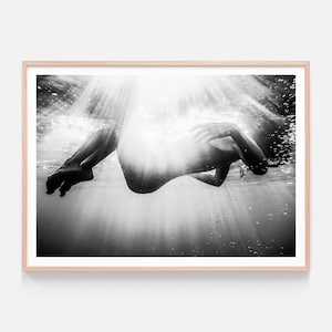 Ocean Print | Submerge | Swimming Wall Art | Peaceful Girl | Water | Black & White Sunlight | Australian Made Coastal Framed Print or Poster