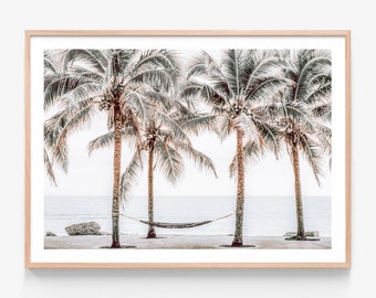 Tropical Wall Art Print | Island View | Beach Hammock Between Palm Trees Framed Print or Poster | Coastal Wall Decor