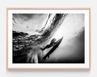 Surf Print | Duck Dive | Surfer Wall Art | Surfing | Girl | Water | Blank & White | Ocean | Wave | Coastal Ocean Framed Print or Poster