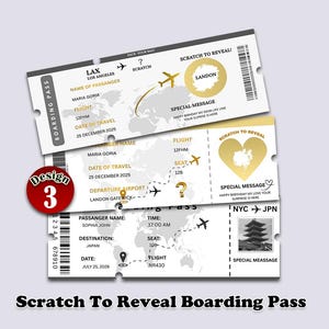 Puede incluir: Tres diseños de tarjetas de embarque con función de rascar. Las tarjetas tienen detalles dorados, gráficos de aviones y el texto "Scratch To Reveal". Una tarjeta muestra "LAX" y "Landon", otra "NYC" y "JPN". El texto "Scratch To Reveal Boarding Pass" está en la parte inferior.