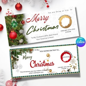 Peut inclure: Deux cartes à gratter de Noël avec des décorations festives. Les cartes présentent le texte "Merry Christmas" et "You are Going on Trip to..." avec une zone "Scratch to Reveal". Des ornements et de la verdure entourent le texte.