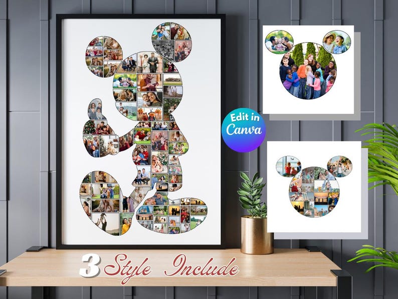 May include: A framed Mickey Mouse-shaped photo collage filled with various family photos. The artwork is displayed on a wooden surface, with additional smaller collages and a plant in a gold pot. The text "3 Style Include" is visible.