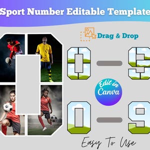 May include: A digital template for sport numbers, featuring a design with the numbers 0 and 9, with spaces for images and the text "Drag & Drop" and "Edit in Canva". The template is easy to use.