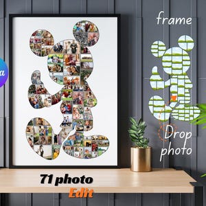 May include: A framed Mickey Mouse-shaped photo collage. The collage is filled with 71 photos and the word "Edit" is visible. The Canva logo is in the upper left corner. A smaller Mickey Mouse shape is on the wall with the words "frame" and "Drop photo".
