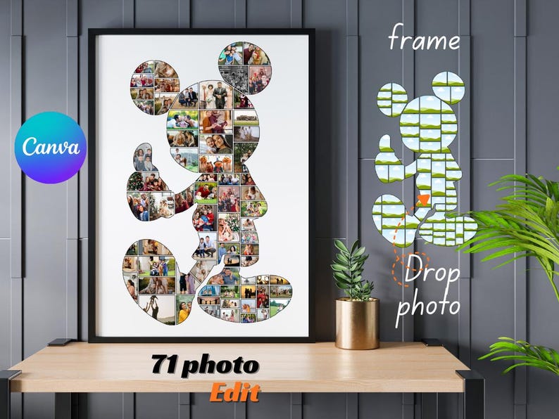 May include: A framed Mickey Mouse-shaped photo collage. The collage is filled with 71 photos and the word "Edit" is visible. The Canva logo is in the upper left corner. A smaller Mickey Mouse shape is on the wall with the words "frame" and "Drop photo".