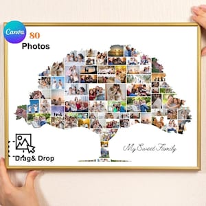 May include: A framed photo collage in the shape of a tree, filled with 80 photos. The words "Canva" and "80 Photos" are in the upper left corner. The words "My Sweet Family" are written in cursive. The image has a gold frame.