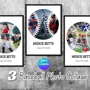 May include: Three framed baseball photo collages. Each collage features a baseball shape with player photos and the text "MOOKIE BETTS Class OF 2026." The collages are in black frames against a gray concrete wall.
