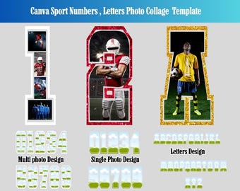 Plantilla editable de números y letras deportivas para collage de fotos universitarias recortadas en lienzo.