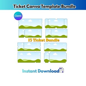 Puede incluir: Un gráfico digital de un paquete de plantillas de boletos de Canva. El diseño presenta un cielo azul con nubes blancas sobre colinas verdes. El texto dice "Ticket Canva Template Bundle", "13 Ticket Bundle" y "Instant Download".