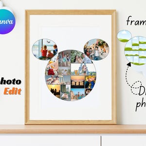 May include: A framed photo collage with a Mickey Mouse head design, holding 16 photos. The frame is light brown, and the background is white. The text "16 photo Edit" is on the left side, and the Canva logo is in the upper left corner.
