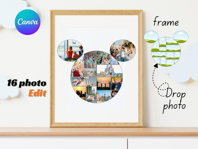 May include: A framed photo collage with a Mickey Mouse head design, holding 16 photos. The frame is light brown, and the background is white. The text "16 photo Edit" is on the left side, and the Canva logo is in the upper left corner.
