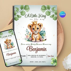 May include: Baby shower invitation featuring a watercolor illustration of a lion cub wearing a crown. The text reads "A Little King on the way" and invites guests to a baby shower honoring Benjamin.