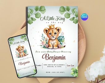 ライオンキングのベビーシャワー招待状、シンバテーマのサファリパーティー招待状、編集可能なCanvaテンプレート