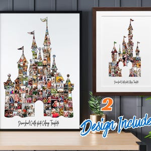 Peut inclure: Deux collages photo encadrés du château de Cendrillon, remplis de photos de famille. L'un est dans un cadre noir, l'autre dans un cadre marron. Le château est rempli de diverses images, avec le texte "Disneyland Castle Photo Collage Template" en bas.