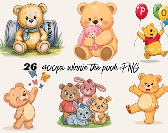 Clipart clásico de Winnie the Pooh para baby shower en acuarela: Alta resolución 4000px, 26 PNG (Descarga digital)
