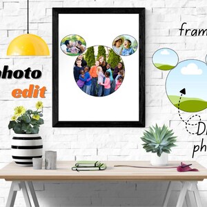 May include: A black framed photo collage with three circular photo spaces. The central space contains a group photo, and the top spaces hold individual photos. The words "3 photo edit" are on the left. A yellow pendant light hangs above a table with decor.