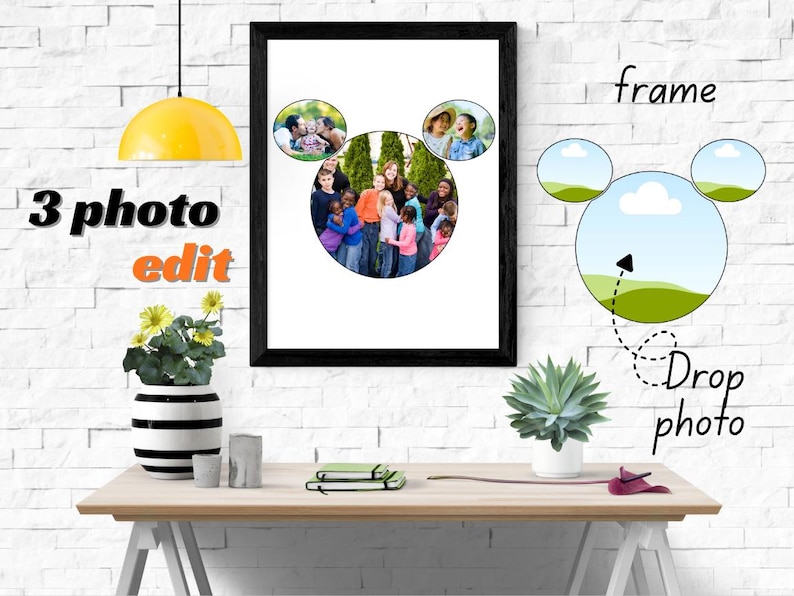 May include: A black framed photo collage with three circular photo spaces. The central space contains a group photo, and the top spaces hold individual photos. The words "3 photo edit" are on the left. A yellow pendant light hangs above a table with decor.