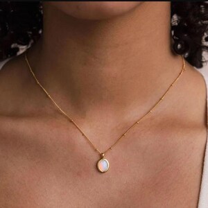 Opal Oval October Birthstone Minimalist Gift 18K Gold Plated Cable Chain Pendant Necklace