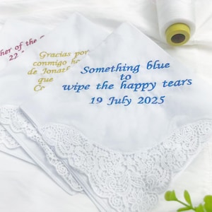 Personalised Embroidered Handkerchief – Custom Wedding Hankie Gift – Mother or Father of the Bride Keepsake – Your Message Embroidered