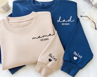 Moletom personalizado com bordado, nome na manga com coração, moletom "Papai - Ano de Nascimento", presente para novo papai e mamãe, presentes para o Dia dos Pais.