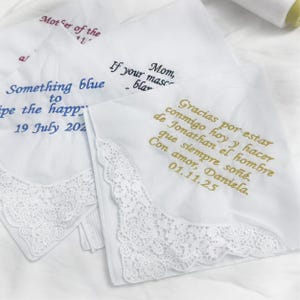 Embroidered hankies-Personalised wedding handkerchief-Mother of the Bride gift-Father of Bride custom keepsake-custom message embroidered