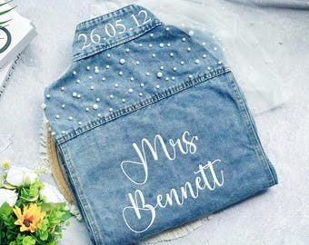 Chaqueta vaquera de novia personalizada – Chaqueta vaquera de boda bordada a medida – Abrigo para futura señora