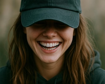 May include: A dark green baseball cap with the text "Mama Tried" in white script. The cap is worn by a person smiling broadly, with long brown hair and a dark green hoodie.