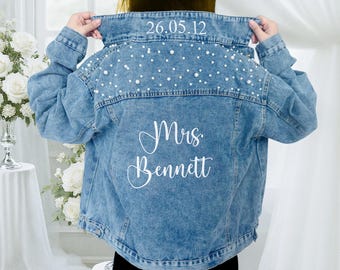 Giacca di jeans da sposa personalizzata con perle, regalo di nozze personalizzato