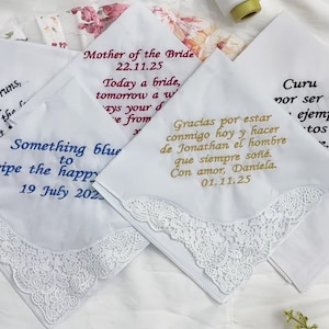 Embroidered Wedding Gift,Personalised wedding handkerchief for Bride＆Mom,Father of Bride handkerchief,Bridal Keepsake Gift,Dad hankie