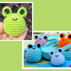 May include: Crocheted frog toys in various colors, including green, blue, orange, pink, and white. Each frog has black eyes and a small, stitched mouth. The frogs are small, round, and appear to be handmade.
