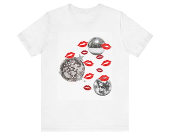 Kiss Disco-T-shirt | Discoballen met rode lippen, T-shirt met print