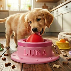 Op de afbeelding: Een golden retriever puppy likt aan een rode bal op een roze kom gepersonaliseerd met de naam LUNA. Eromheen staan blauwe, groene, gele en paarse kommen met de namen MAX, BELLA, ROCKY en CHARLIE, elk met een bruin label met de tekst Etsy.