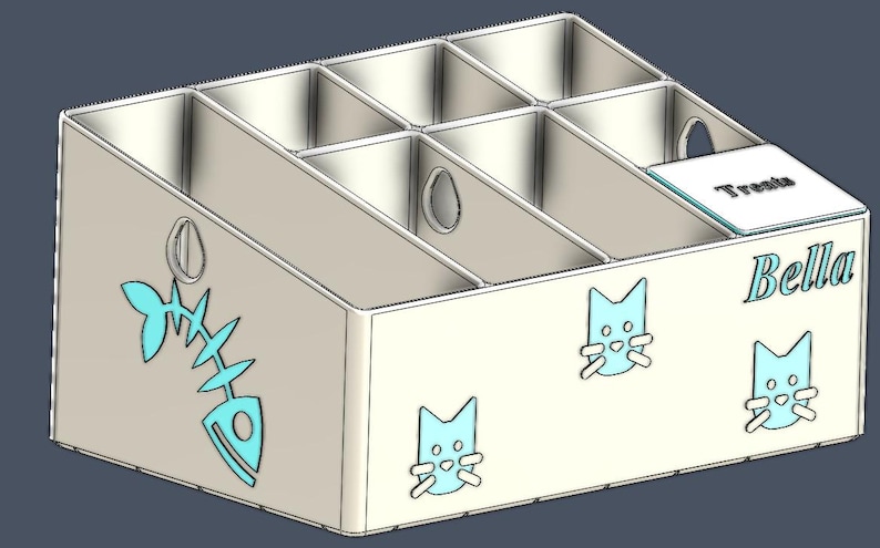 May include: A light-colored multi-compartment organizer featuring a fish skeleton cutout on the side, cat face icons on the front, and the name Bella printed in blue. One compartment has a lid labeled Treats. The structure has a slanted top edge.