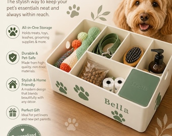 May include: A cream-colored rectangular pet organizer box with multiple compartments, featuring the name Bella and paw print graphics. The box contains a green leash, a grooming brush, a treat container, and a knitted toy, with text overlays.