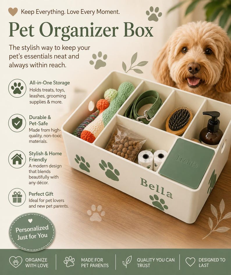 May include: A cream-colored rectangular pet organizer box with multiple compartments, featuring the name Bella and paw print graphics. The box contains a green leash, a grooming brush, a treat container, and a knitted toy, with text overlays.