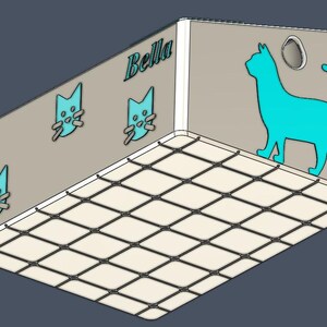 May include: A beige wall-mounted shelf with a grid-patterned base. The back panel features the name Bella in blue text, three small blue cat face icons, and one large blue cat silhouette. A circular mounting hole is visible at the top right.