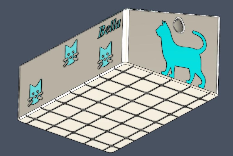 May include: A beige wall-mounted shelf with a grid-patterned base. The back panel features the name Bella in blue text, three small blue cat face icons, and one large blue cat silhouette. A circular mounting hole is visible at the top right.