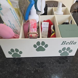 May include: A cream-colored rectangular pet supply organizer with multiple compartments. The front features three sage green paw print decals and the name Bella in script. A sage green lid labeled Treats covers one section, holding various pet care items.