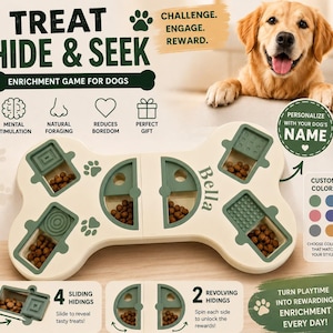May include: A bone-shaped dog enrichment puzzle toy in cream and sage green. The toy features four sliding compartments and two revolving sections for hiding treats. The name Bella is printed on the surface. Text includes TREAT HIDE & SEEK.