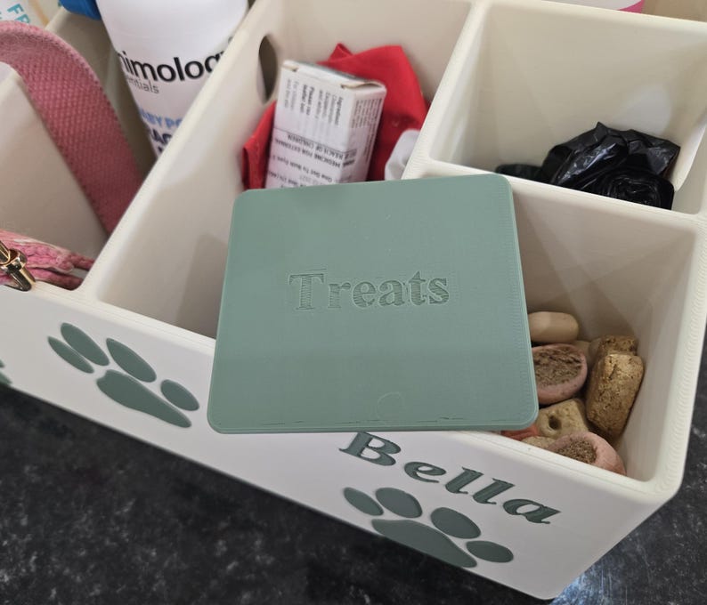 May include: A white multi-compartment storage organizer featuring green paw print decals and the name Bella printed on the front. A square green lid with the word Treats embossed on the top rests over one of the compartments containing brown treats.