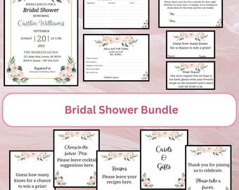 Ensemble nuptiale de douche pivoine rose : faire-part modifiable, jeux, panneaux (modèle canva en téléchargement numérique)