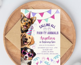 Faire-part d&#39;anniversaire de chien modifiable : fête des chiots Golden Retriever (modèle Canva à téléchargement numérique)