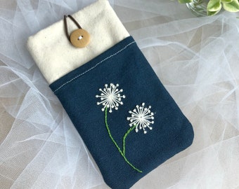 iPhone 12 Pro sleeve, phone sleeve, iPhone X phone case, samsung galaxy sleeve, ipod sleeve, iPod case - Embroidered dandelion (P-279)